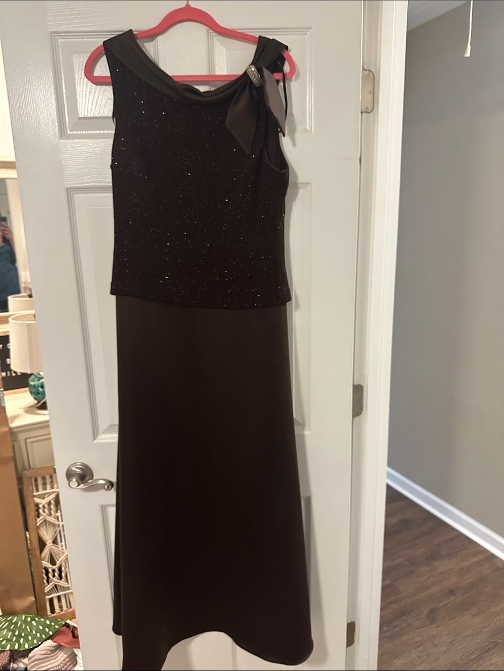 Patra Brown Sleeveless Evening Gown with Bow Detail